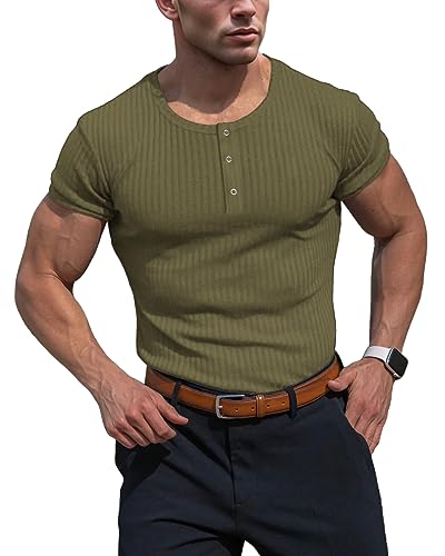 Muhshoiy Herren Langarmshirts Henley Shirt,Langarm & Kurzarm Muskelshirts Basic T-Shirt Pullover Gerippt Longsleeve Slim Fit Green M von Muhshoiy