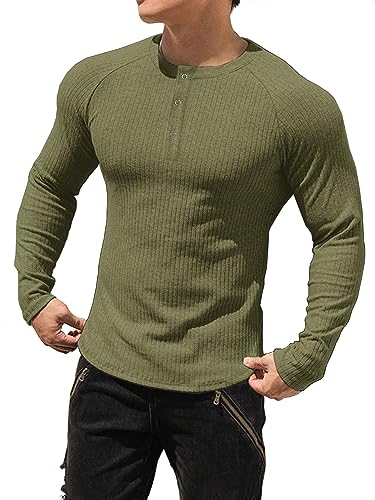 Muhshoiy Herren Langarmshirts Henley Shirt,Langarm & Kurzarm Muskelshirts Basic T-Shirt Pullover Gerippt Longsleeve Slim Fit Green XL von Muhshoiy