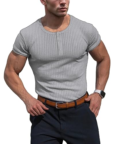 Muhshoiy Herren Langarmshirts Henley Shirt,Langarm & Kurzarm Muskelshirts Basic T-Shirt Pullover Gerippt Longsleeve Slim Fit Grey 2XL von Muhshoiy