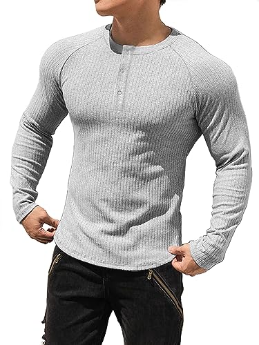 Muhshoiy Herren Langarmshirts Henley Shirt,Langarm & Kurzarm Muskelshirts Basic T-Shirt Pullover Gerippt Longsleeve Slim Fit Grey 2XL von Muhshoiy