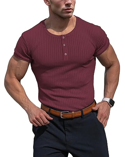 Muhshoiy Herren Langarmshirts Henley Shirt,Langarm & Kurzarm Muskelshirts Basic T-Shirt Pullover Gerippt Longsleeve Slim Fit Red 2XL von Muhshoiy