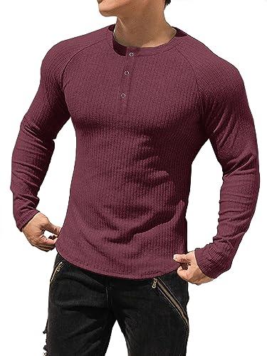 Muhshoiy Herren Langarmshirts Henley Shirt,Langarm & Kurzarm Muskelshirts Basic T-Shirt Pullover Gerippt Longsleeve Slim Fit Red 2XL von Muhshoiy