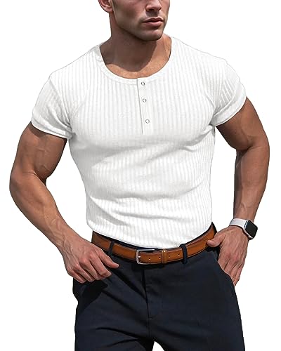 Muhshoiy Herren Langarmshirts Henley Shirt,Langarm & Kurzarm Muskelshirts Basic T-Shirt Pullover Gerippt Longsleeve Slim Fit White L von Muhshoiy