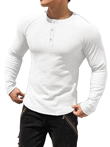 Muhshoiy Herren Langarmshirts Henley Shirt,Langarm & Kurzarm Muskelshirts Basic T-Shirt Pullover Gerippt Longsleeve Slim Fit White S von Muhshoiy