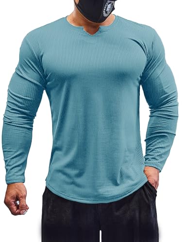 Muhshoiy Herren Long Sleeve Sporttop, Langarm & Kurzarm T-Shirt,Langarmshirt Henley Shirt,Unterhemd Slim Fit Basic Tops V-Ausschnitt Blau XS von Muhshoiy