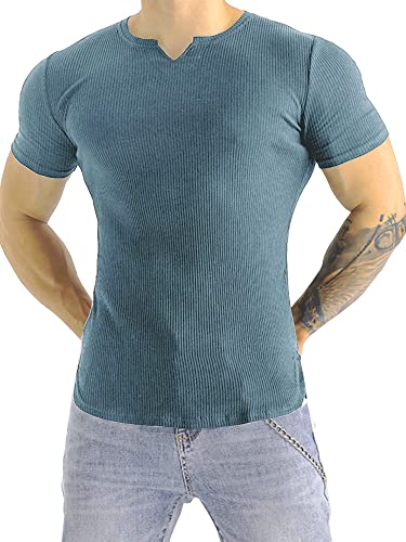 Muhshoiy Herren Long Sleeve Sporttop,Kurzarm T-Shirt,Langarmshirt Henley Shirt,Unterhemd Slim Fit Basic Tops V-Ausschnitt Schwarz Blau L von Muhshoiy