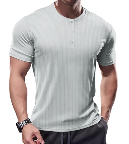 Muhshoiy Herren Henley-Shirt mit Langen Ärmeln,Stretch Kurzarm T-Shirt, Kurzarm Sommer Männer mit Knopfleiste/Grau/M von Muhshoiy