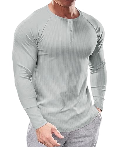 Muhshoiy Herren Henley-Shirt mit Langen Ärmeln,Stretch Langarm T-Shirt, Kurzarm Sommer Männer mit Knopfleiste/Grau/M von Muhshoiy