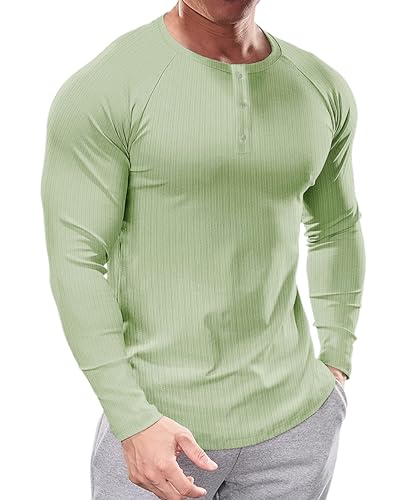 Muhshoiy Herren Henley-Shirt mit Langen Ärmeln,Stretch Langarm T-Shirt, Kurzarm Sommer Männer mit Knopfleiste/Grün/M von Muhshoiy