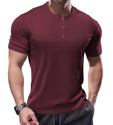 Muhshoiy Herren Henley-Shirt mit Langen Ärmeln,Stretch Kurzarm T-Shirt, Kurzarm Sommer Männer mit Knopfleiste/Rot/L von Muhshoiy