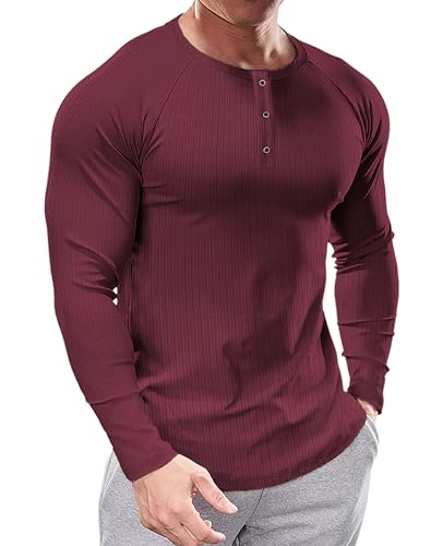 Muhshoiy Herren Henley-Shirt mit Langen Ärmeln,Stretch Langarm T-Shirt, Kurzarm Sommer Männer mit Knopfleiste/Rot/XL von Muhshoiy