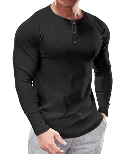 Muhshoiy Herren Henley-Shirt mit Langen Ärmeln,Stretch Langarm T-Shirt, Kurzarm Sommer Männer mit Knopfleiste/Schwarz/L von Muhshoiy