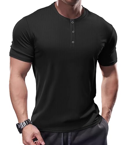 Muhshoiy Herren Henley-Shirt mit Langen Ärmeln,Stretch Kurzarm T-Shirt, Kurzarm Sommer Männer mit Knopfleiste/Schwarz/XL von Muhshoiy