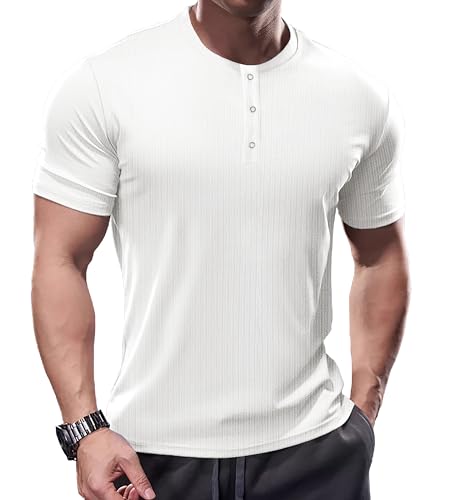 Muhshoiy Herren Henley-Shirt mit Langen Ärmeln,Stretch Kurzarm T-Shirt, Kurzarm Sommer Männer mit Knopfleiste/Weiß/L von Muhshoiy