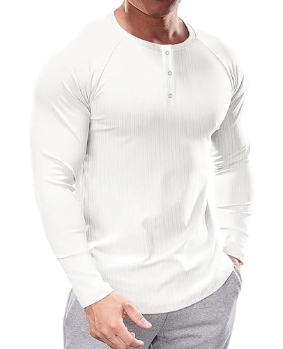 Muhshoiy Herren Henley-Shirt mit Langen Ärmeln,Stretch Langarm T-Shirt, Kurzarm Sommer Männer mit Knopfleiste/Weiß/L von Muhshoiy
