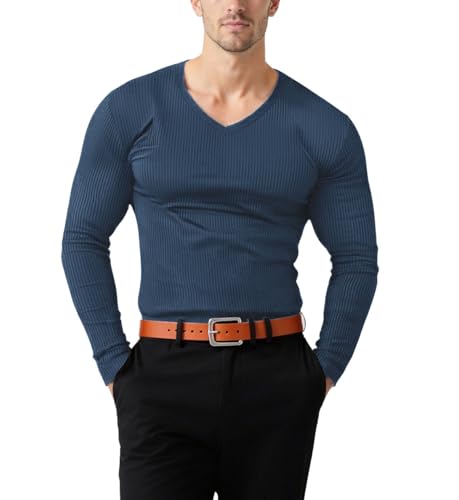 Muhshoiy Herren Thermounterwäsche Oberteil Basic Männer Langarmshirt Langarm Henley Shirt Casual Tops Weiche Unterhemd Elastisch Pullover Shirt Angenehm und Atmungsaktiv Blau XL von Muhshoiy