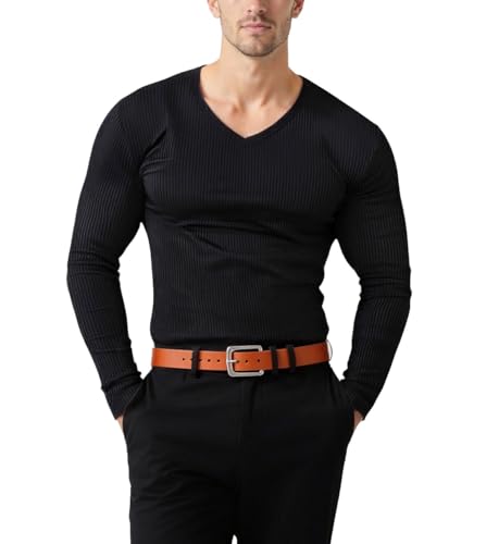 Muhshoiy Herren Thermounterwäsche Oberteil Basic Männer Langarmshirt Langarm Henley Shirt Casual Tops Weiche Unterhemd Elastisch Pullover Shirt Angenehm und Atmungsaktiv Schwarz XL von Muhshoiy