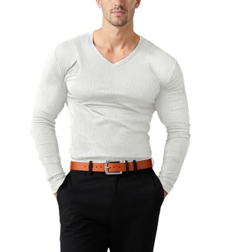 Muhshoiy Herren Thermounterwäsche Oberteil Basic Männer Langarmshirt Langarm Henley Shirt Casual Tops Weiche Unterhemd Elastisch Pullover Shirt Angenehm und Atmungsaktiv Weiß XL von Muhshoiy