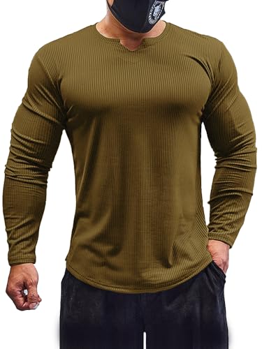 Muhshoiy V-Ausschnitt, Slim-Fit-Muskelshirt für Herren, Lässiges T-Shirt, Langarm T-Shirt, Feste Stretch-Unterwäsche, Sportliches, schnell trocknendes Hemd von Muhshoiy