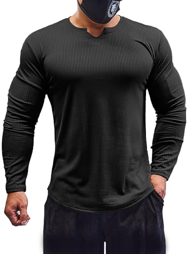 Muhshoiy V-Ausschnitt, Slim-Fit-Muskelshirt für Herren, Lässiges T-Shirt, Langarm T-Shirt, Feste Stretch-Unterwäsche, Sportliches, schnell trocknendes Hemd von Muhshoiy