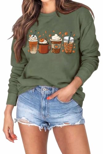 Herbst-Sweatshirts für Damen, Halloween-Kürbis-Pullover, niedlicher Herbst-Grafik-Top, Bluse, Kaffee/Grün, M von Muhuyi