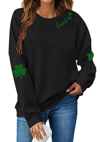 St. Patrick's Day Sweatshirt für Damen, Glückskleeblatt, langärmelig, Irland, Pullover Tops, Black Lucky, Klein von Muhuyi