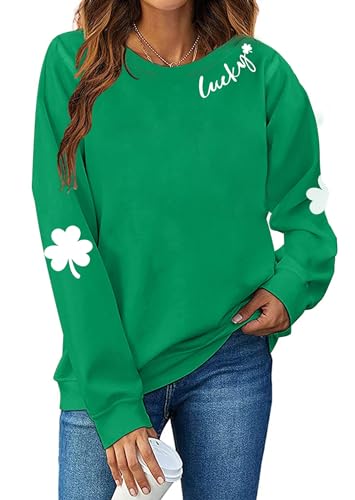 St. Patrick's Day Sweatshirt für Damen, Glückskleeblatt, langärmelig, Irland, Pullover Tops, Green Lucky, S von Muhuyi
