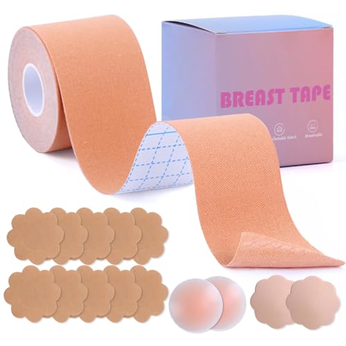 Klebe BH Push Up, Große Brust Boob Tape, Rückenfrei Trägerloser BH Push Up für A-G Körbchen, Brust Tape mit 14 Stück Nipple Cover, Boobietape für Abendkleider, Ballkleid, Hochzeitskleid, 5cm x 5m von Muiefe