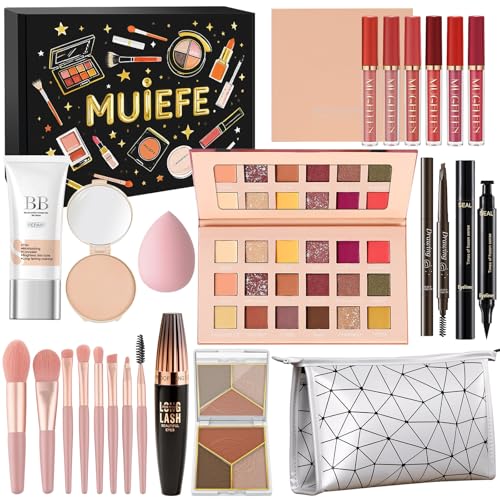 Muiefe Make-up Sets für Frauen, 23 Stück Schminke Set, All in One Make Up Set Kosmetik Geschenkset mit Lidschatten Palette, BB cream, Lip Gloss, Eyeliner, Mascara, Pinsel for Damen & Teenager Mädchen von Muiefe