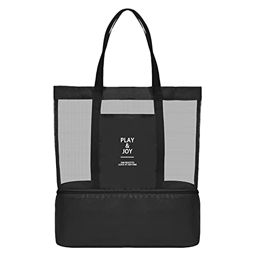 Strandtasche,Strand-Picknicktasche,Mesh Badetasche Wasserdichter Picknicktasch,tragbare doppelte Isolierschicht-Picknick-Netztasche mit geflochtenem Griff,Lunch-Tasche für Urlaub Picknick (Schwarz) von Muium(TM)