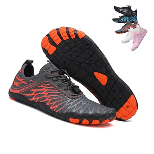 Muizary Hike Barfußschuhe für Damen Herren Wasserdicht Trail Running Gesunde & Rutschfeste Barfußschuhe, Grau-Orange, 11 Wide Women/9 Wide Men von Muizary