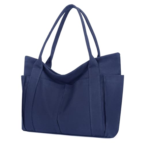 Muka große Canvas-Tragetasche mit Mehreren Taschen, marineblaue Umhängetasche, robuste Handtasche von Muka