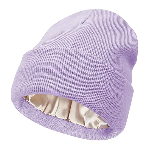 Mukeyo Damen Satin gefütterte Strickmütze Beanie Mütze Winter Warm Bündchen Strick Seidenfutter Weich Zopfkull Cap, Violett, Einheitsgröße von Mukeyo