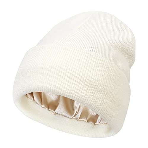 Mukeyo Damen Satin gefütterte Strickmütze Beanie Mütze Winter Warm Bündchen Strick Seidenfutter Weich Zopfkull Cap, Weiss/opulenter Garten, Einheitsgröße von Mukeyo
