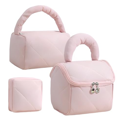 Mulaibdin 3 STK Kosmetiktasche Reise, Kulturtasche Damen Set, Schminktasche Organizer Gesteppt, Make Up Tasche Aesthetic, Kulturbeutel Mädchen, Schminktäschchen Set Abwaschbar für Geschenk (Rosa) von Mulaibdin