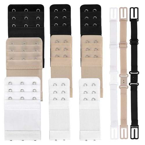 Mulapucher 12 Stück BH-Verlängerer, 3 Reihen 2 Haken 3 Haken, BH-Träger, Bequem und Dehnbar, BH Verschluss Elastischen Geeignet für Frauen Damen, Schwangerschafts(Schwarz, Weiß, Hautfarbe) von Mulapucher