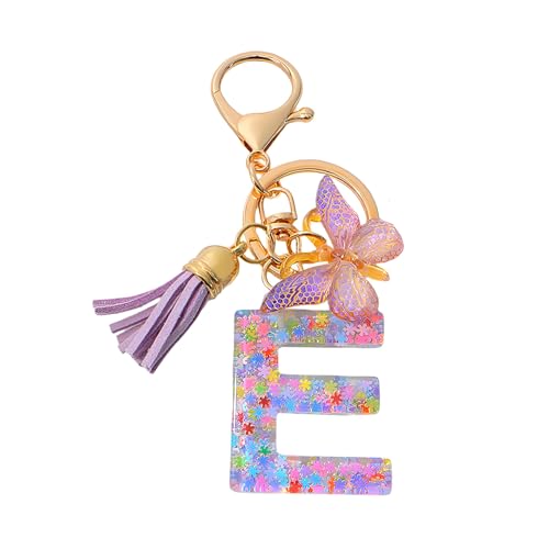 Mulapucher Lnitialen Schlüsselanhänger Quaste Schmetterling Pailletten Liebe Brief Schlüsselanhänger Anfangsbuchstaben Geschenk Teenager mädchen,Lila(E) von Mulapucher