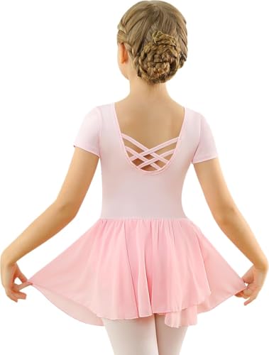 Mulnall Ballettkleid Mädchen Ballett Kleid Kurzarm Langarm Criss Cross Baumwolle Balletttrikot Gymnastik Kinder Tanzbody mit Rock Tütü Kostüm Tanzbekleidung 2-12 Jahre(2140-08B-XXL) von Mulnall