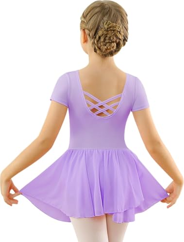 Mulnall Ballettkleid Mädchen Ballett Kleid Kurzarm Langarm Criss Cross Baumwolle Balletttrikot Gymnastik Kinder Tanzbody mit Rock Tütü Kostüm Tanzbekleidung 2-12 Jahre(2140-09-L) von Mulnall