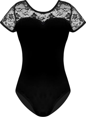 Mulnall Damen Ballett Spitze Kurzarm Tanztrikot Tank Hohl Rücken Tanzbekleidung Kurzarm Gymnastikanzug Damen Trikot Turnanzug(7037-06-L) von Mulnall