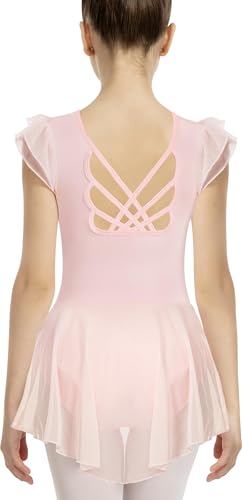 Mulnall Mädchen Ballett Trikot mit Rock für Tanz Hohl Rücken Doppel Rüschen Ärmel(23711-08-L) von Mulnall