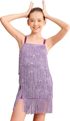 Mulnall Mädchen Latin Quaste Kleid Sparkly Vintage Tanz Outfit für Kind Kostüm Lyrische Fringe Dance Rock Doppel Crisscross Back Performance Ballroom Party (0430-09B-S) von Mulnall
