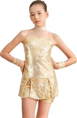 Mulnall Mädchen Pailletten Tanz Kleidung Sparkle Dance Kleid für Kinder Brust Mesh Ärmellos Top und Shorts Jazz Hip Hop Latin Shiny Anzug Outfits Kostüm(0437-05-M) von Mulnall