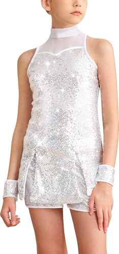 Mulnall Mädchen Pailletten Tanz Kleidung Sparkle Dance Kleid für Kinder Brust Mesh Ärmellos Top und Shorts Jazz Hip Hop Latin Shiny Anzug Outfits Kostüm(0437-07-M) von Mulnall