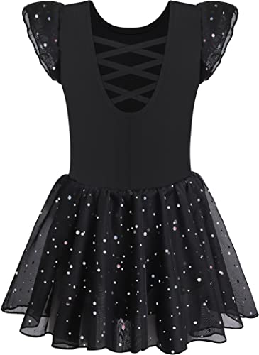 Mulnall Mädchen Tanz Trikots für Ballett Kleid Kinder Ballettkleidung Tanzbody mit Rock Tütü Glänzender Rock Rüschen Ärmel Crisscross Zurück(UK4043-06-L) von Mulnall