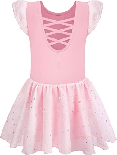 Mulnall Mädchen Tanz Trikots für Ballett Kleid Kinder Ballettkleidung Tanzbody mit Rock Tütü Glänzender Rock Rüschen Ärmel Crisscross Zurück(UK4043-08-L) von Mulnall