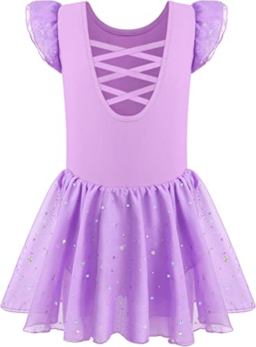 Mulnall Mädchen Tanz Trikots für Ballett Kleid Kinder Ballettkleidung Tanzbody mit Rock Tütü Glänzender Rock Rüschen Ärmel Crisscross Zurück(UK4043-09-M) von Mulnall