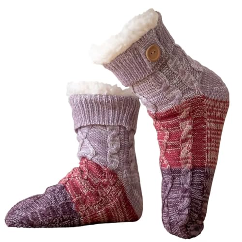 Mulor Stoppersocken Damen Kuschelsocken Wadenlänge für Mädchen Geschenk mit Greifern Rutschfestes Fleece Futter Wärmehaltung von Mulor