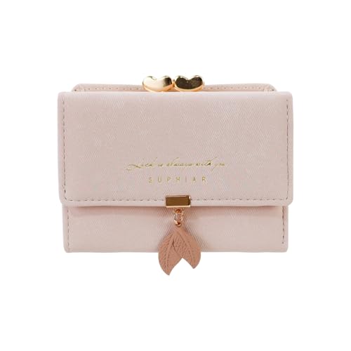 MultiValue Geldbörse Damen mit Blatt-Anhänger, PU Leder Portemonnaie Damen Trendy Card Holder mit 7 Kartenfächer und Kiss-Lock Kleingeldfach (Rosa) von MultiValue