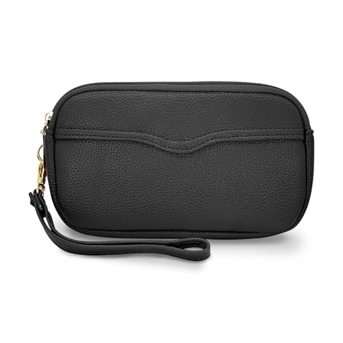 MultiValue Handytasche, Litchi-Muster Solide Farbe Große Kapazität Leder-Kupplung Lange Doppelte Schicht Mit Reissverschluss Geldbörse Damen Gross (Schwarz) von MultiValue